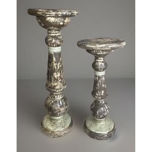 Extra Large Set Of 2 Mela Artisan Pillar Candle Holders. Mangowood 19" 15"